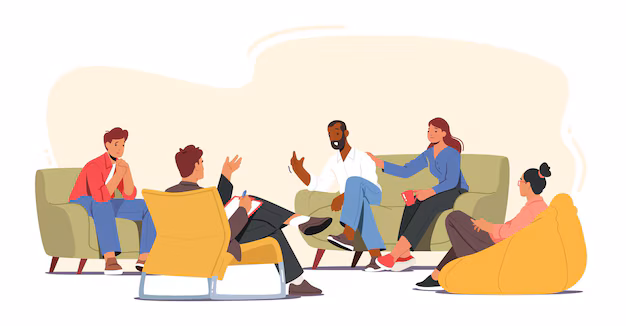 Illustration of a peer support group talking in a circle
