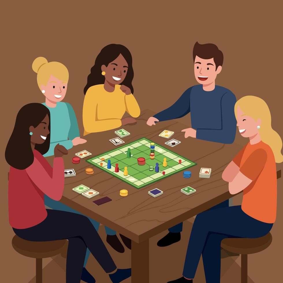 Illustration of five friends gathered around a board game